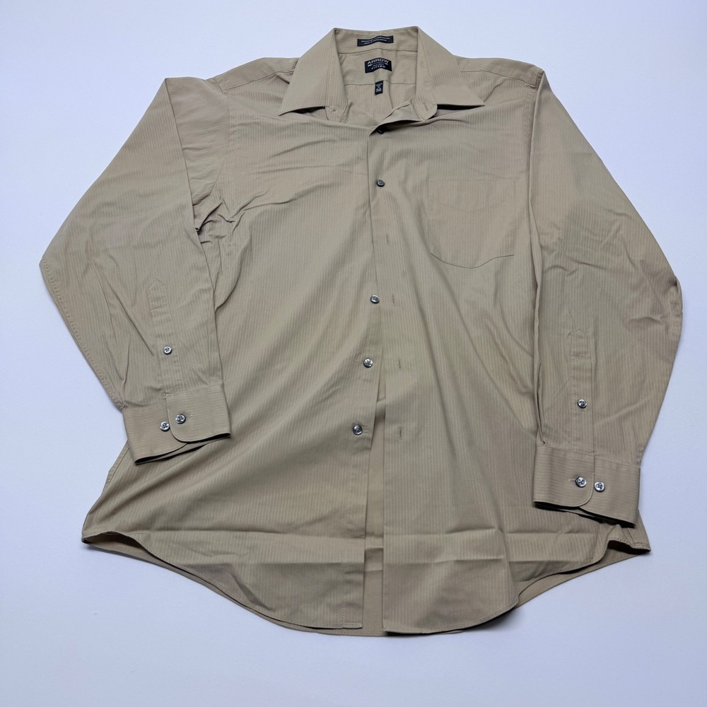 Arrow Fitted Mens Dress Shirt‎ Khaki Tan Pinstripe Wrinkle Free L 16 32/33